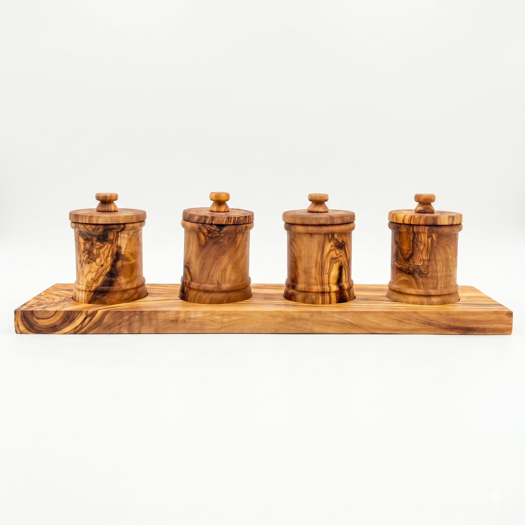 Four lidded olive wood canisters lined up on a long olive wood base against white