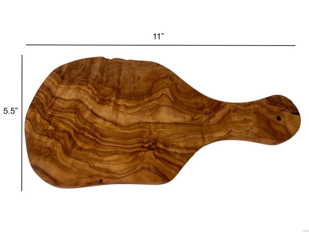 Olive wood cutting board with a rounded handle on white, marked 11 inches long by 5.5 inches wide