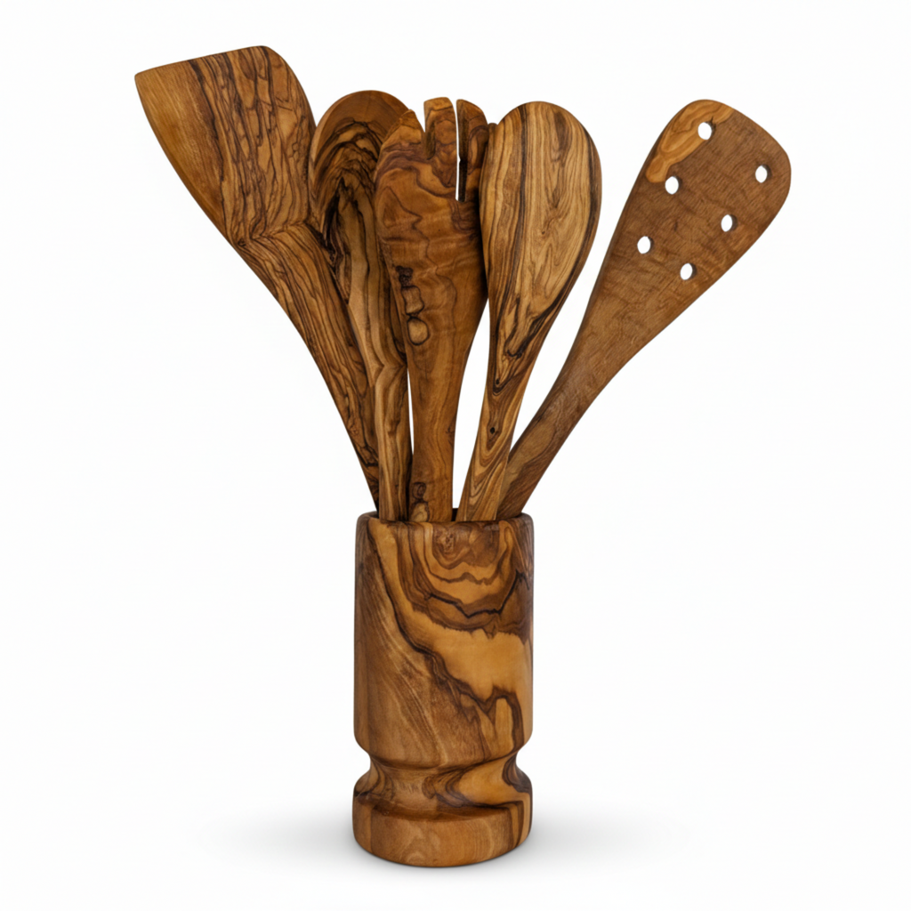 Olive wood utensil set standing in its matching turned holder