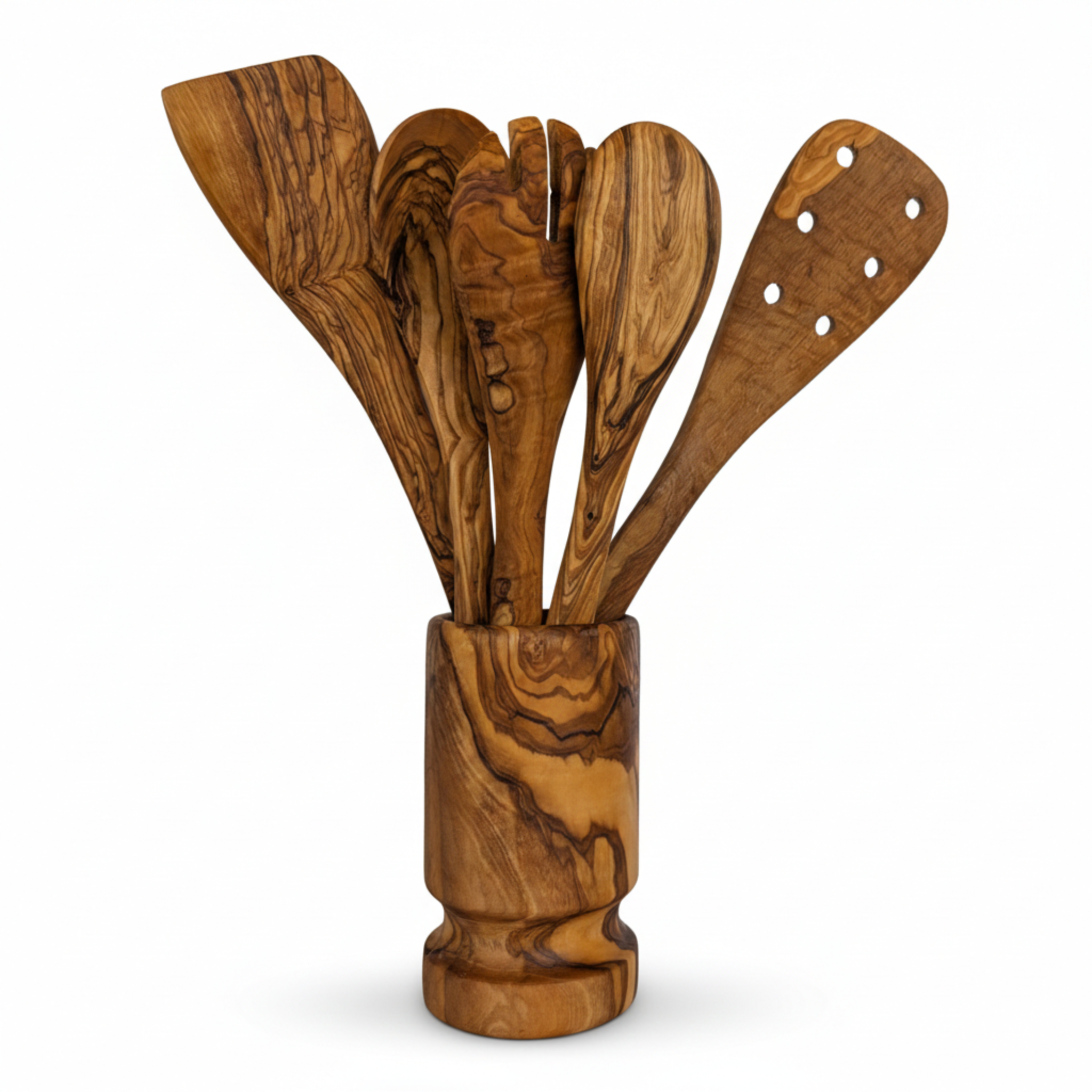 Olive wood utensil set standing in its matching turned holder