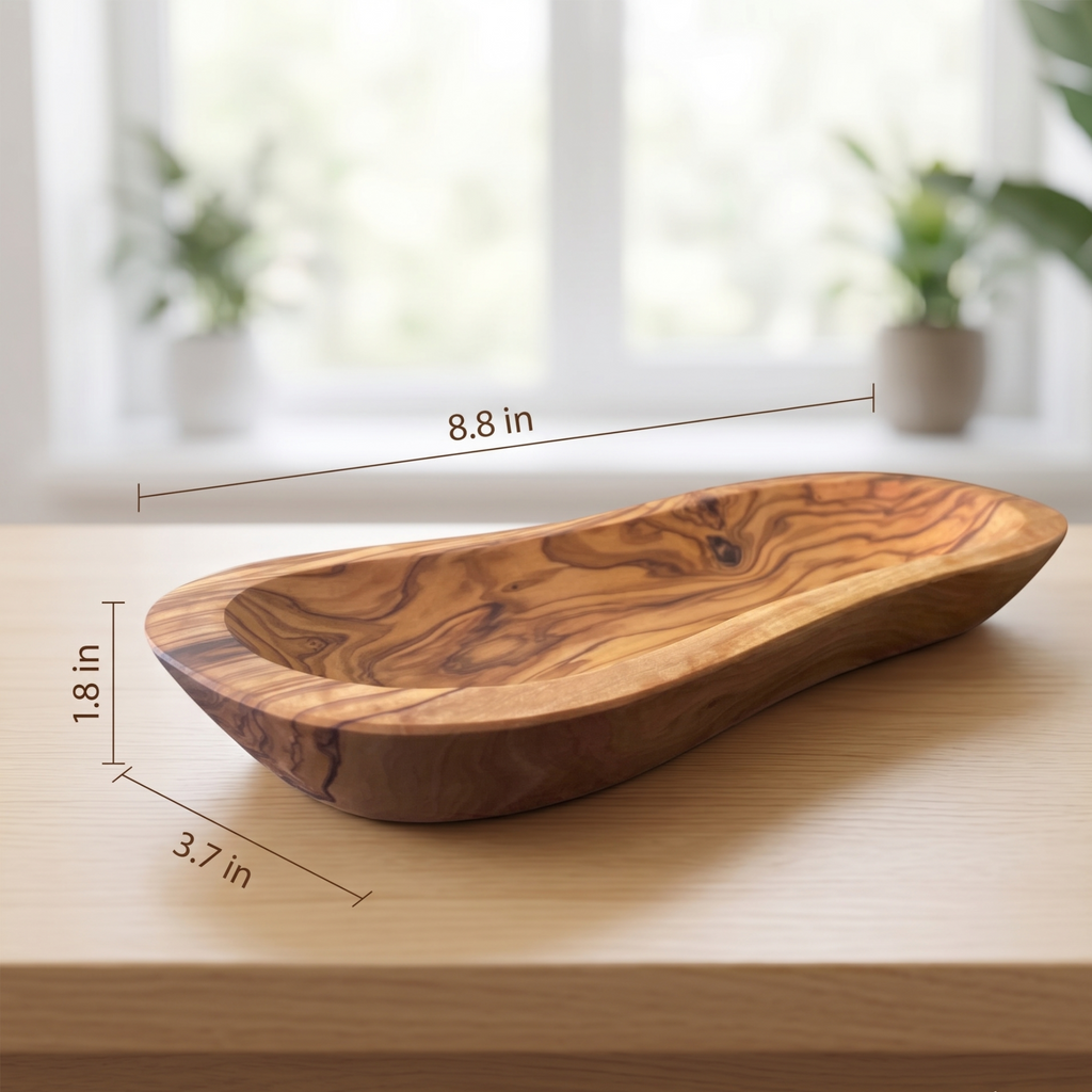 Olive wood multi-purpose bowl with dimensions marked: 8.8 by 3.7 by 1.8 inches