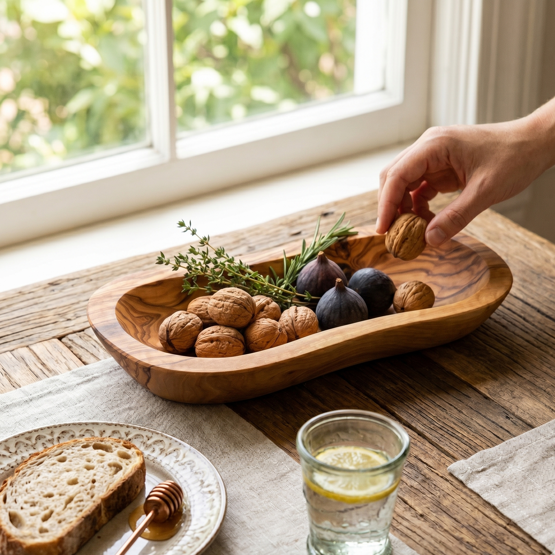Hand reaching for walnuts from the olive wood bowl on a wooden table with figs and herbs
