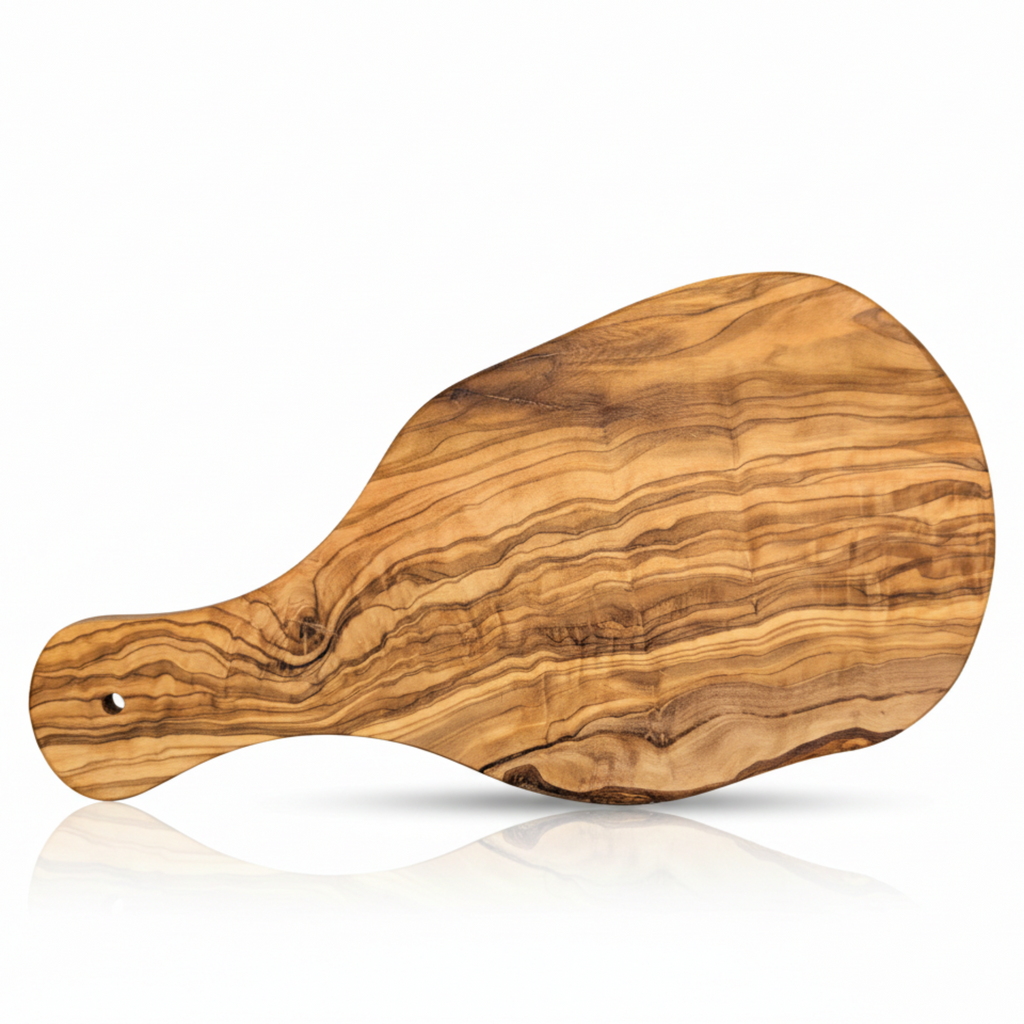 Olive wood cutting board with a rounded handle, showing the grain