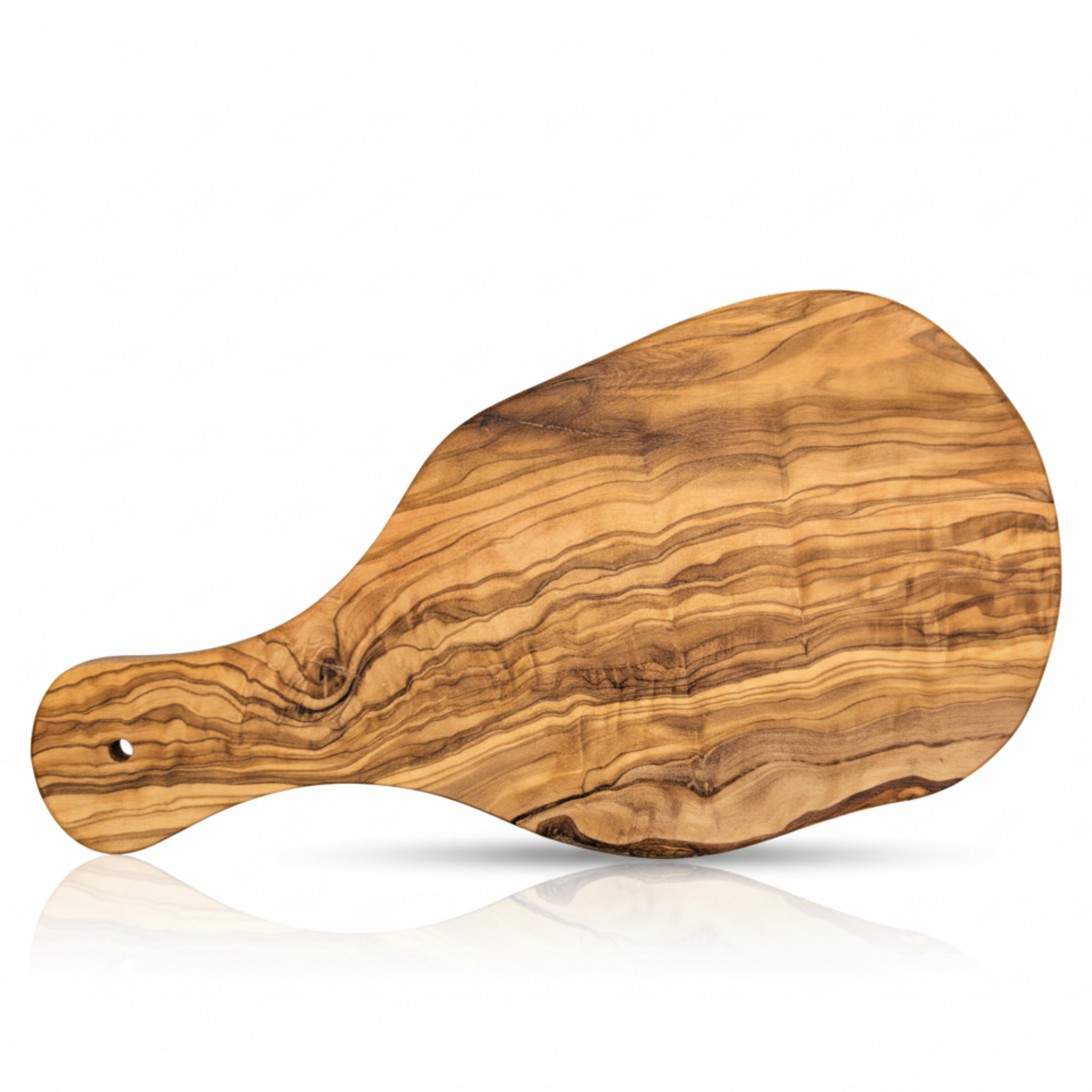 Olive wood cutting board with a rounded handle, showing the grain