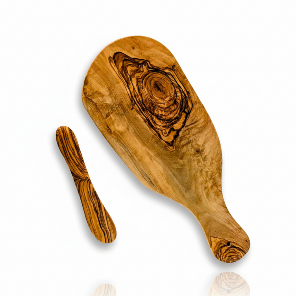 Olive wood cutting board with a matching butter knife