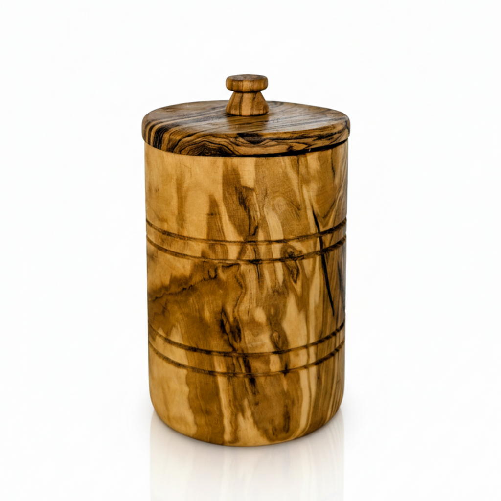 Olive wood salt keeper with its fitted lid, shown on a white background