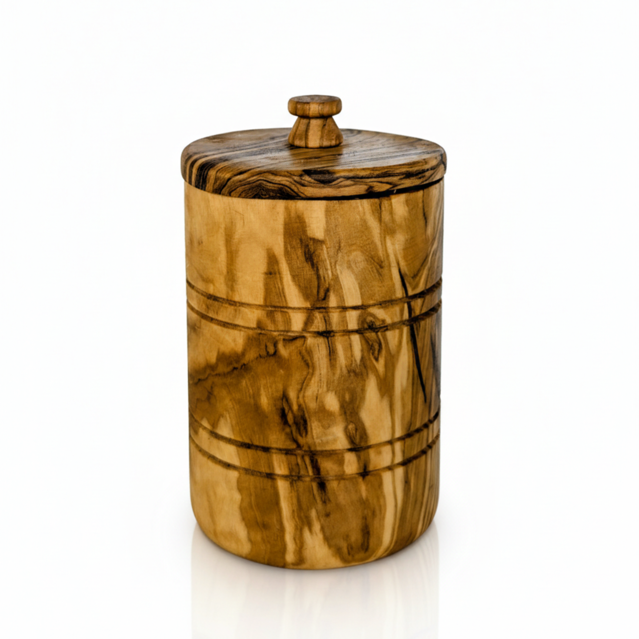 Olive wood salt keeper with its fitted lid, shown on a white background