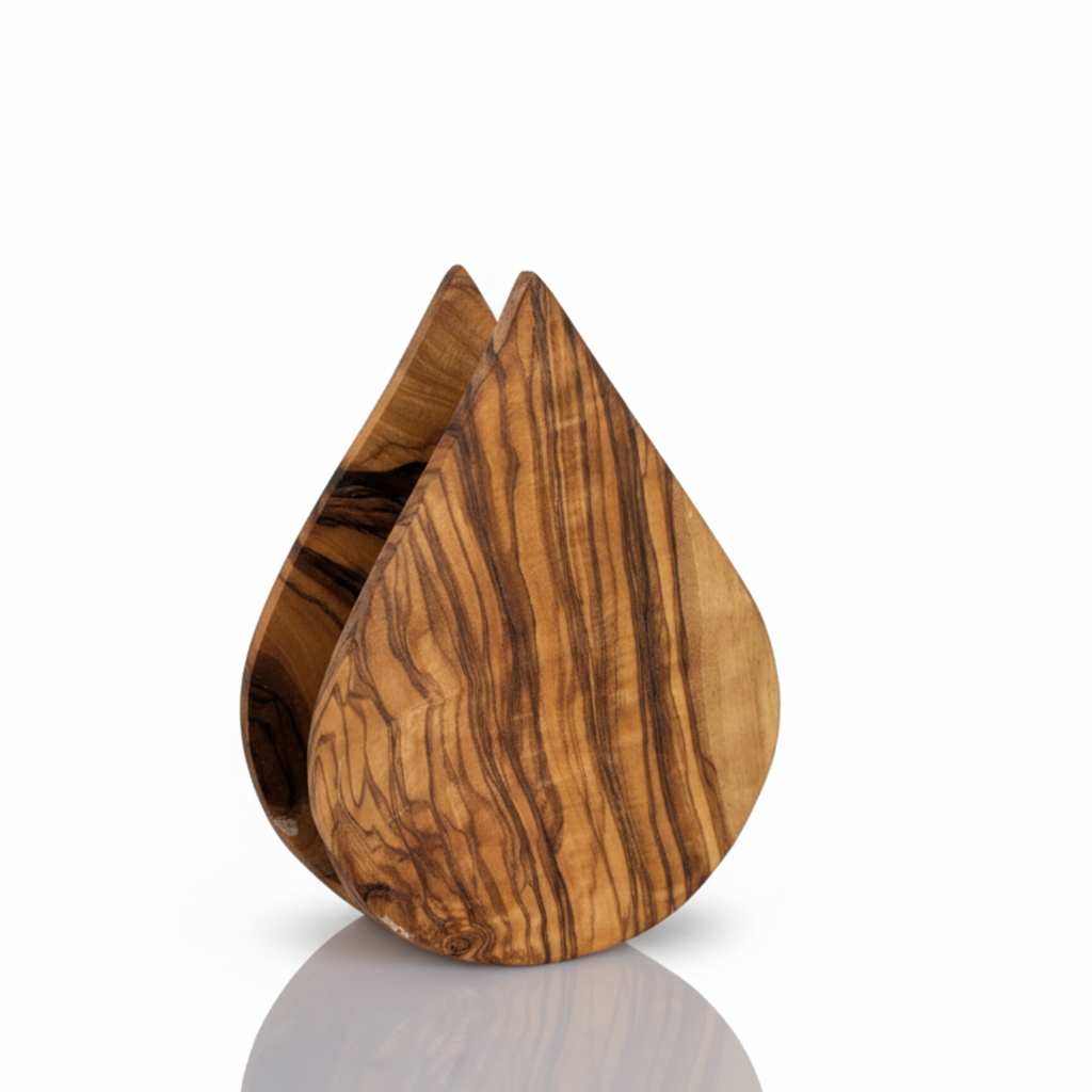 Olive wood napkin holder standing on a white surface with a soft reflection