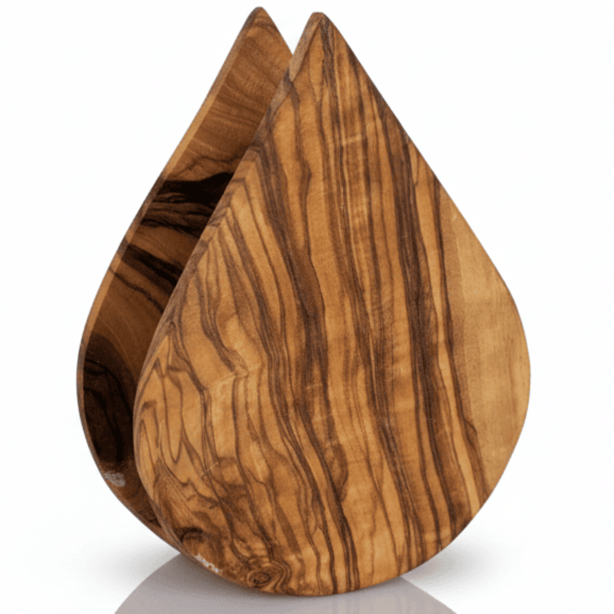 Close-up of the olive wood napkin holder on white, showing the striped grain