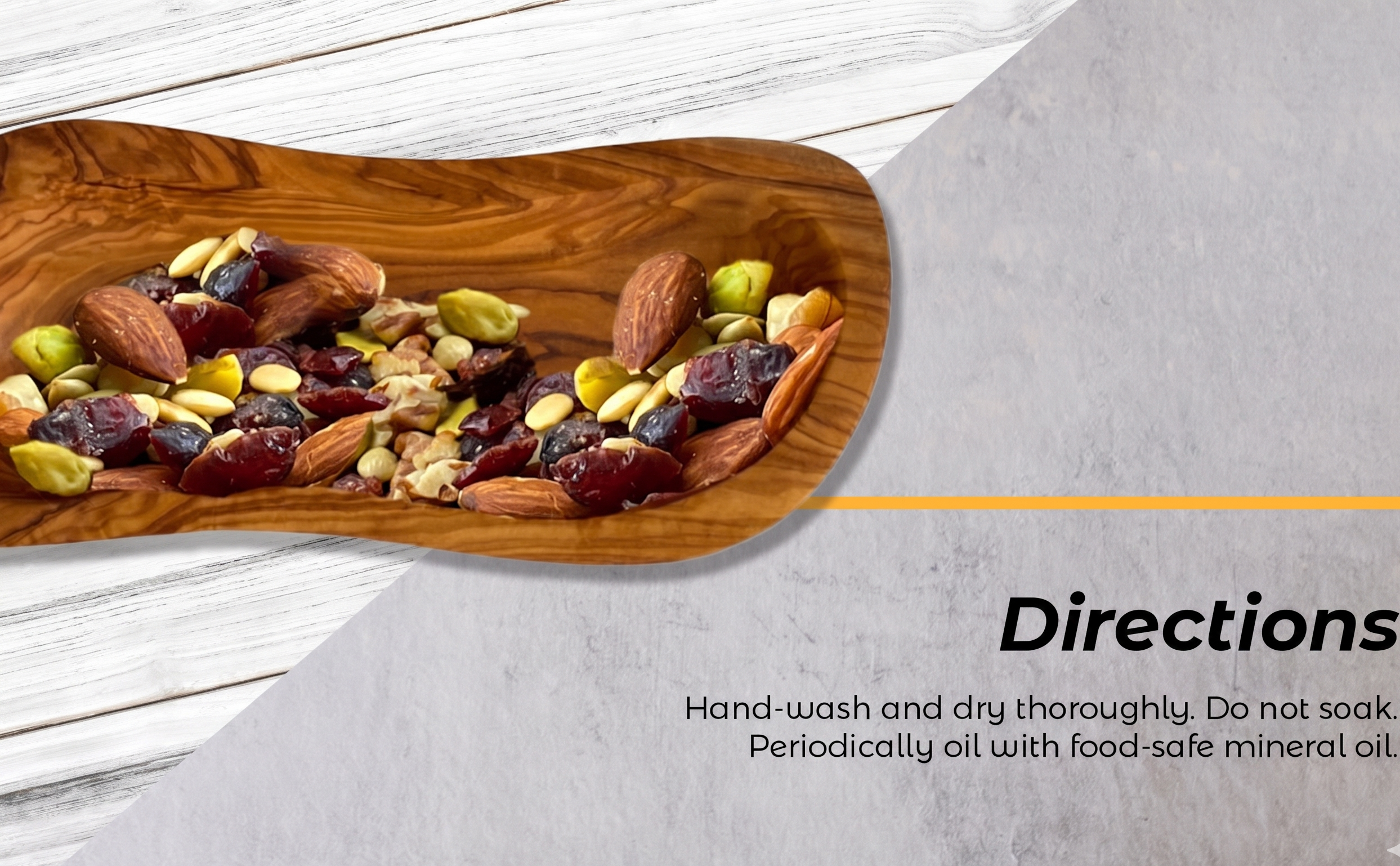 Olive wood bowl filled with mixed nuts and dried fruit, with care directions alongside