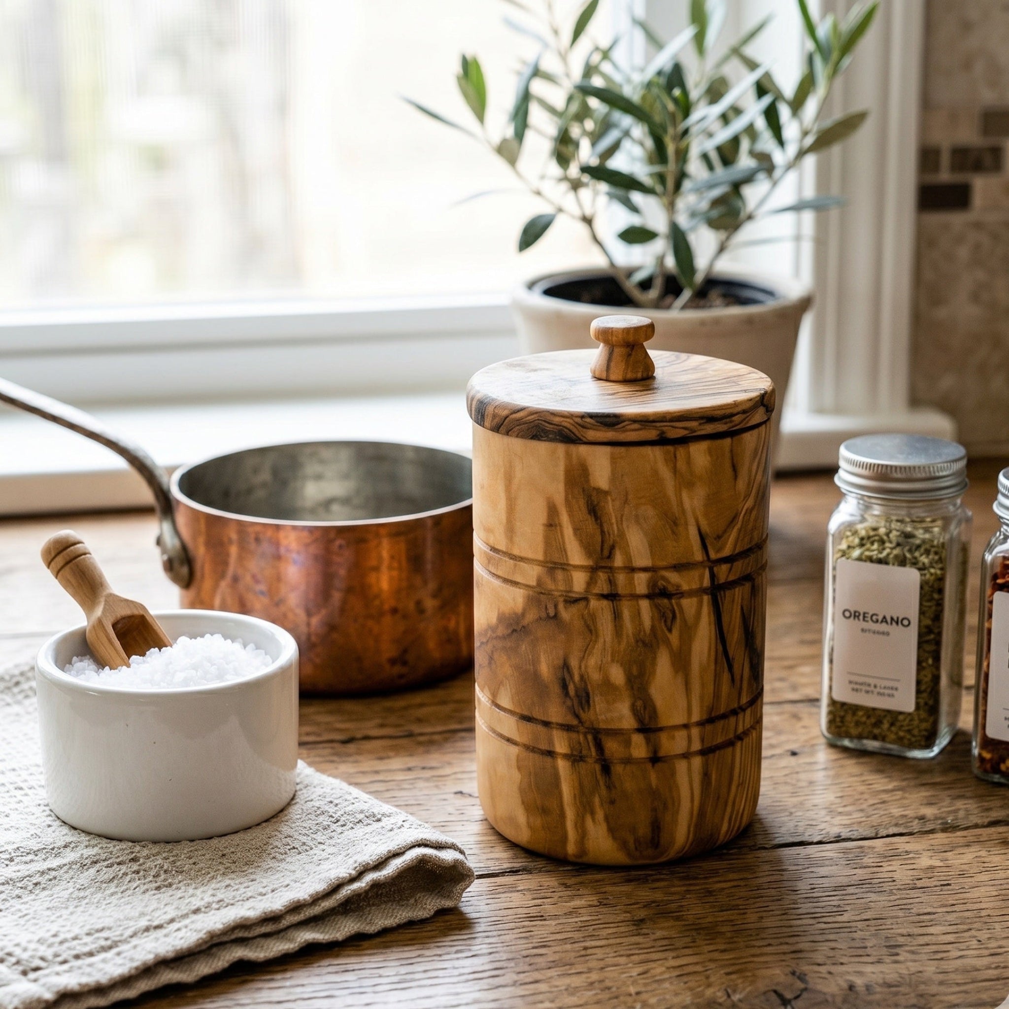 Olive wood salt keeper with its lid on, on a kitchen counter beside a copper pan, a bowl of coarse salt and jars of dried herbs