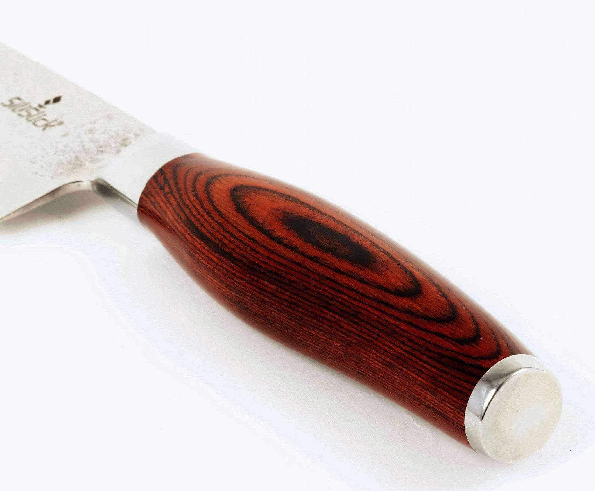 Close-up of the Pakkawood handle end cap showing its layered grain