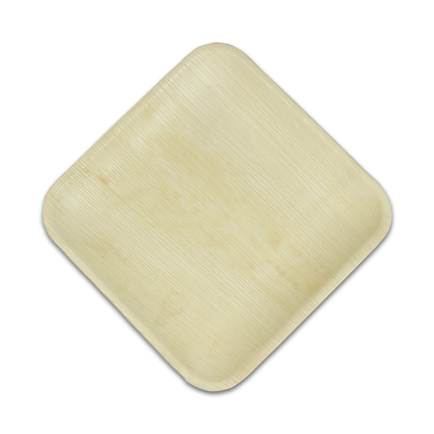 Square palm leaf plate turned on the diagonal, showing its rounded corners