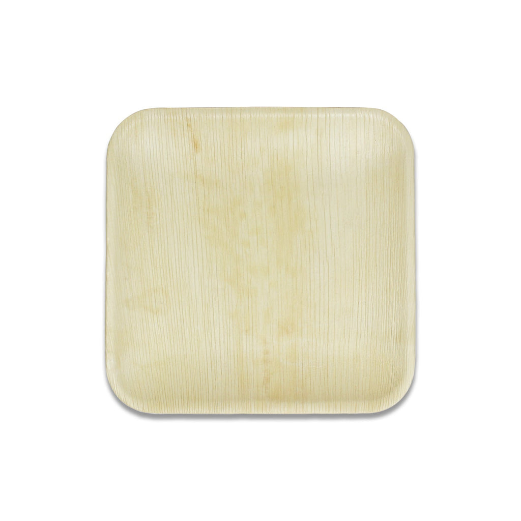 Single square palm leaf plate seen straight on against white