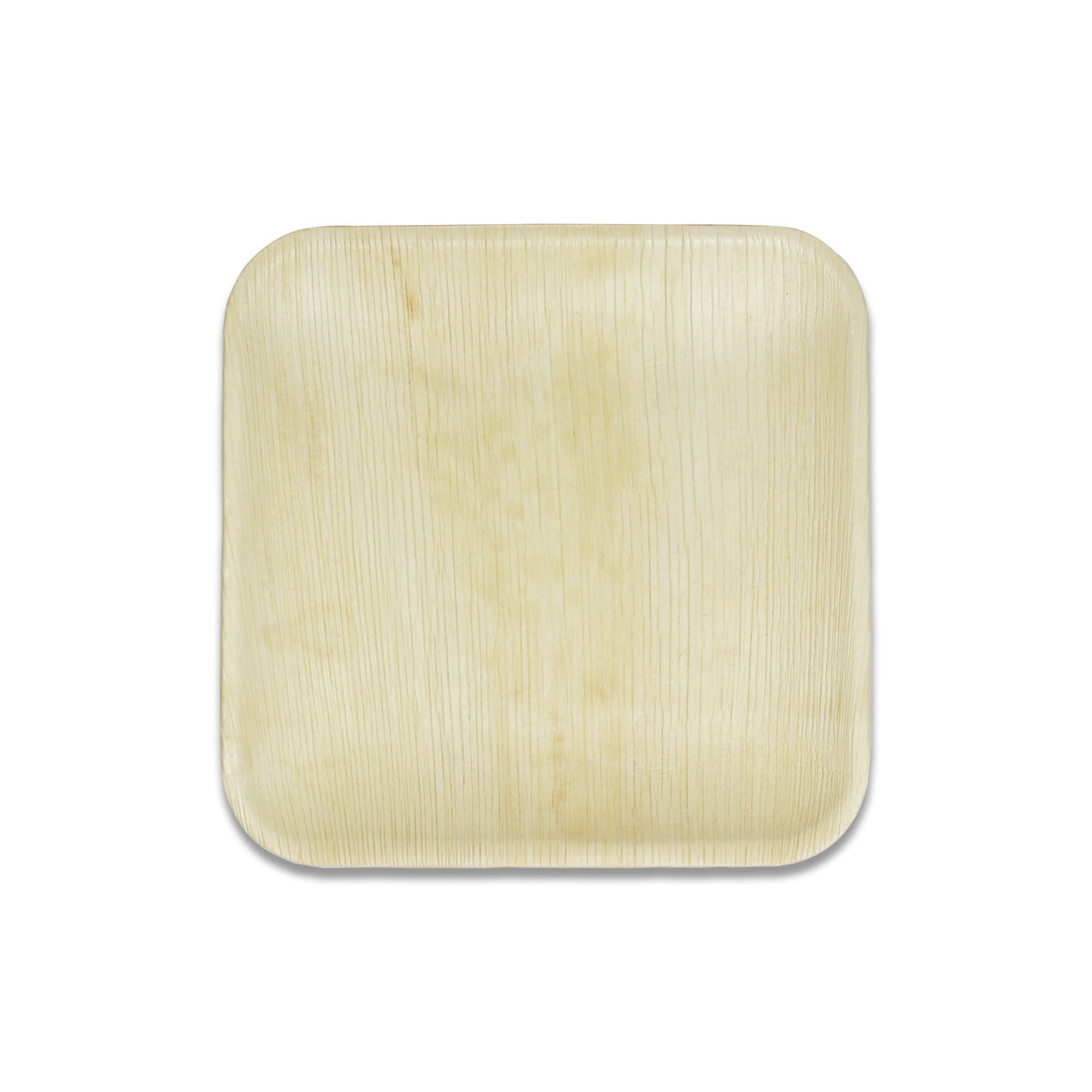 Single square palm leaf plate seen straight on against white