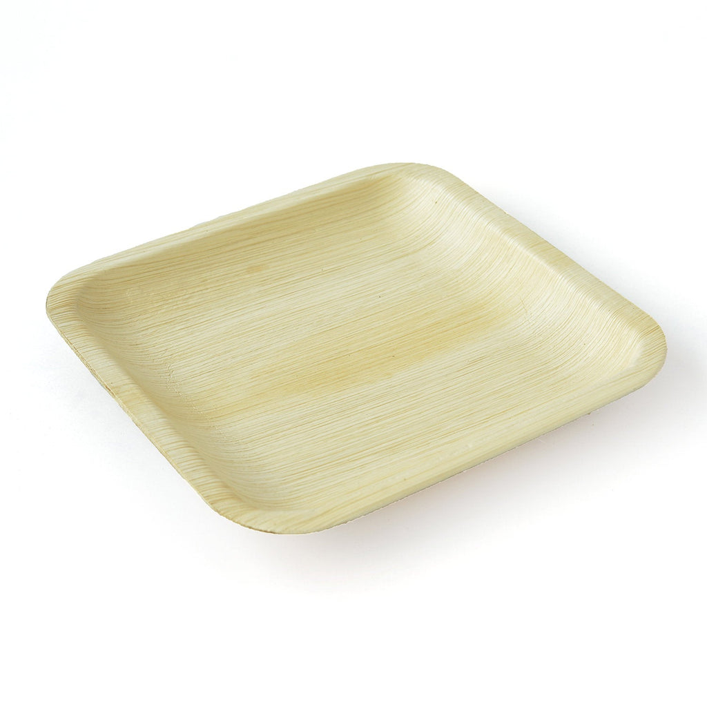 Empty square palm leaf plate at an angle, showing the raised rim