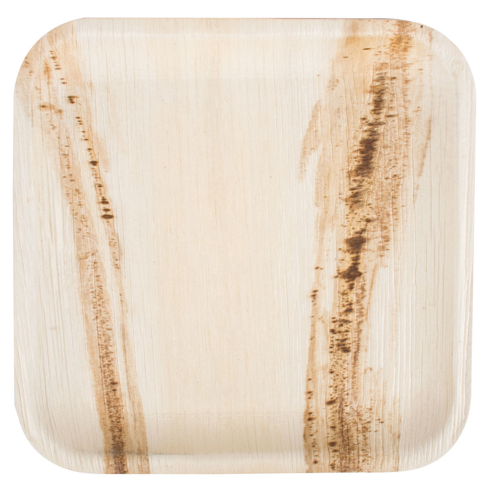 Square palm leaf plate showing the dark streaked grain of the areca leaf