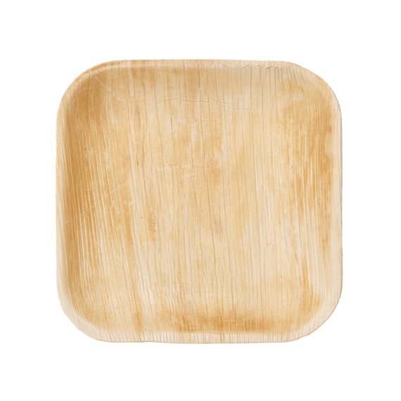 Single square palm leaf plate seen from above, showing the natural leaf grain