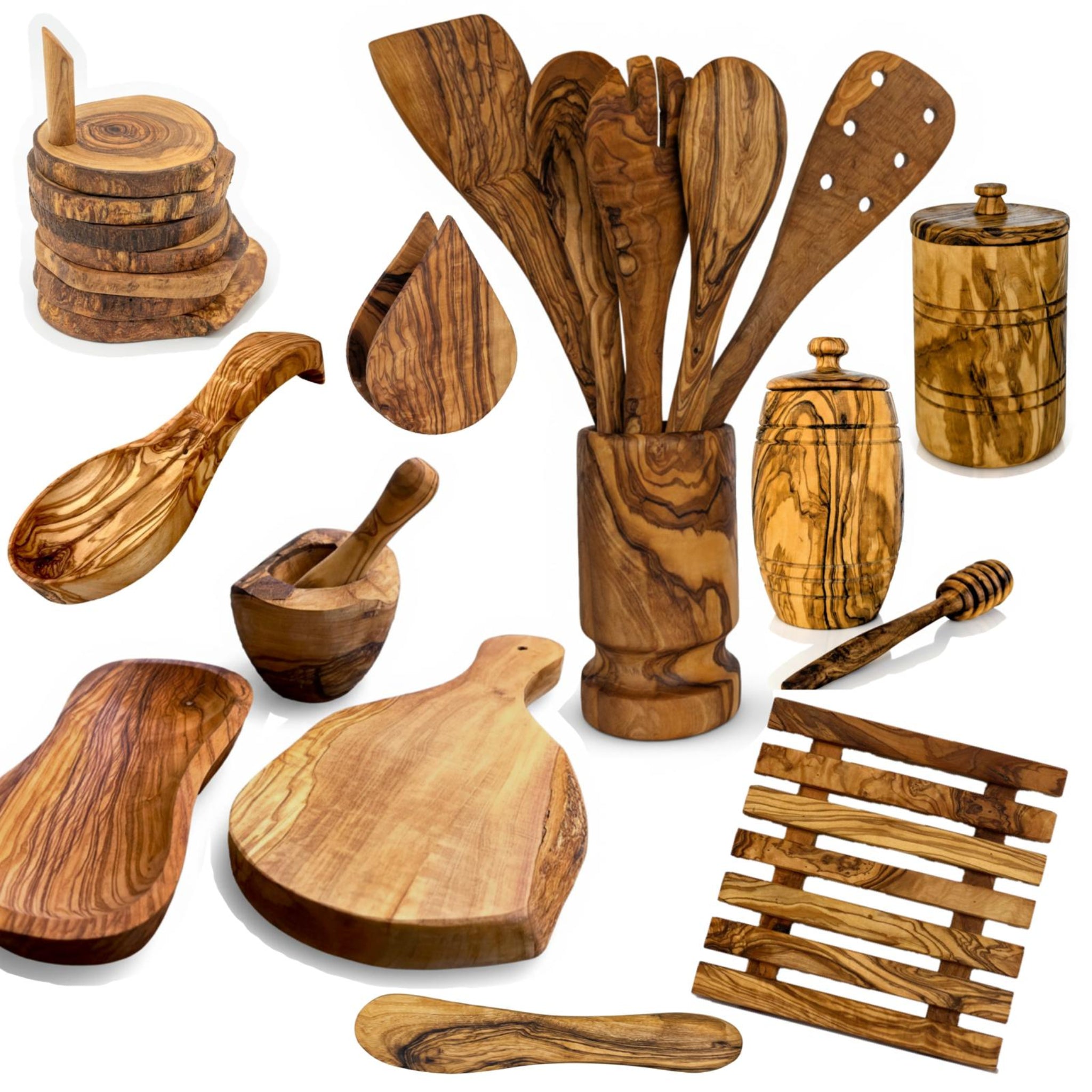 The full 25-piece olive wood kitchen collection laid out on white