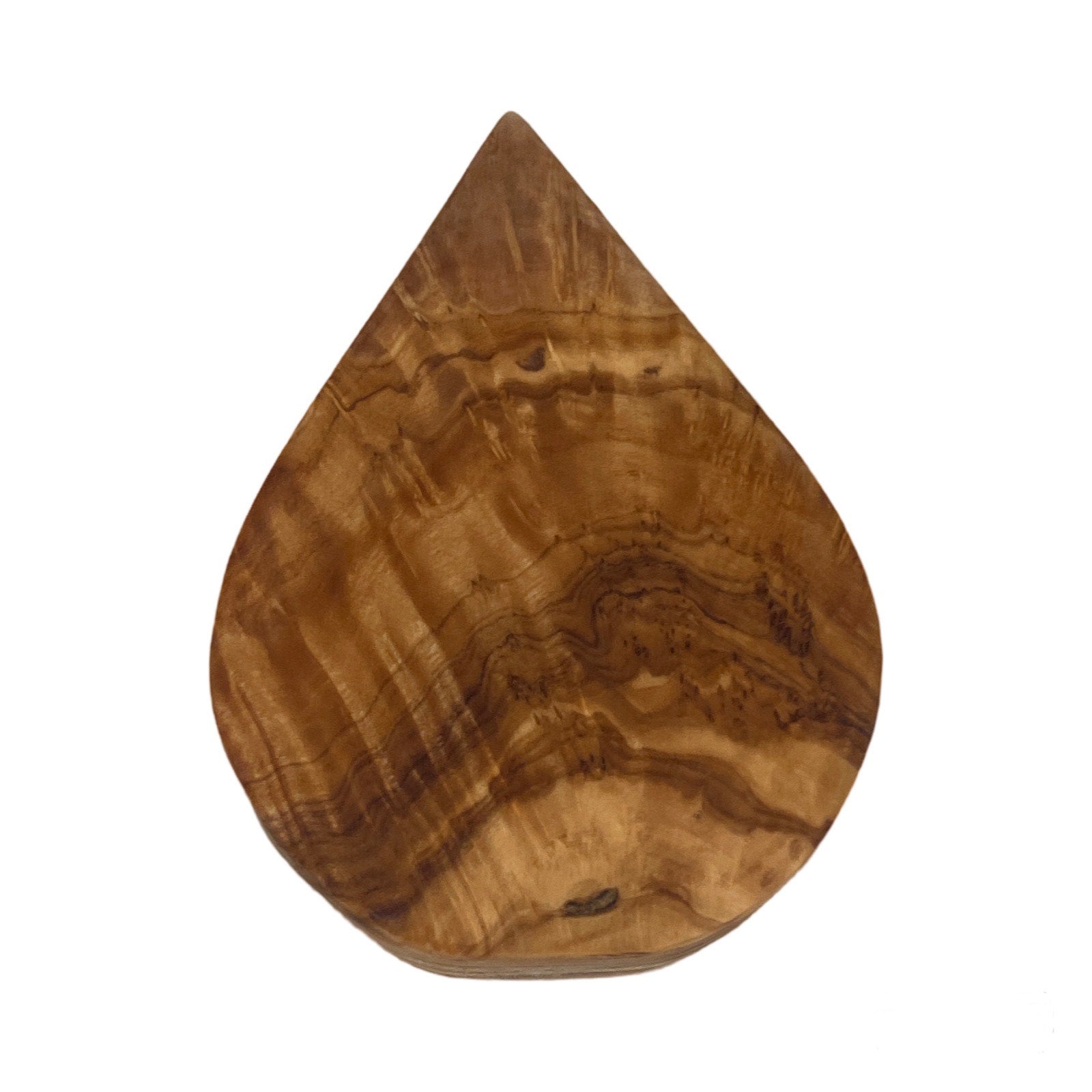 Teardrop-shaped olive wood napkin holder seen straight on against white, showing the grain