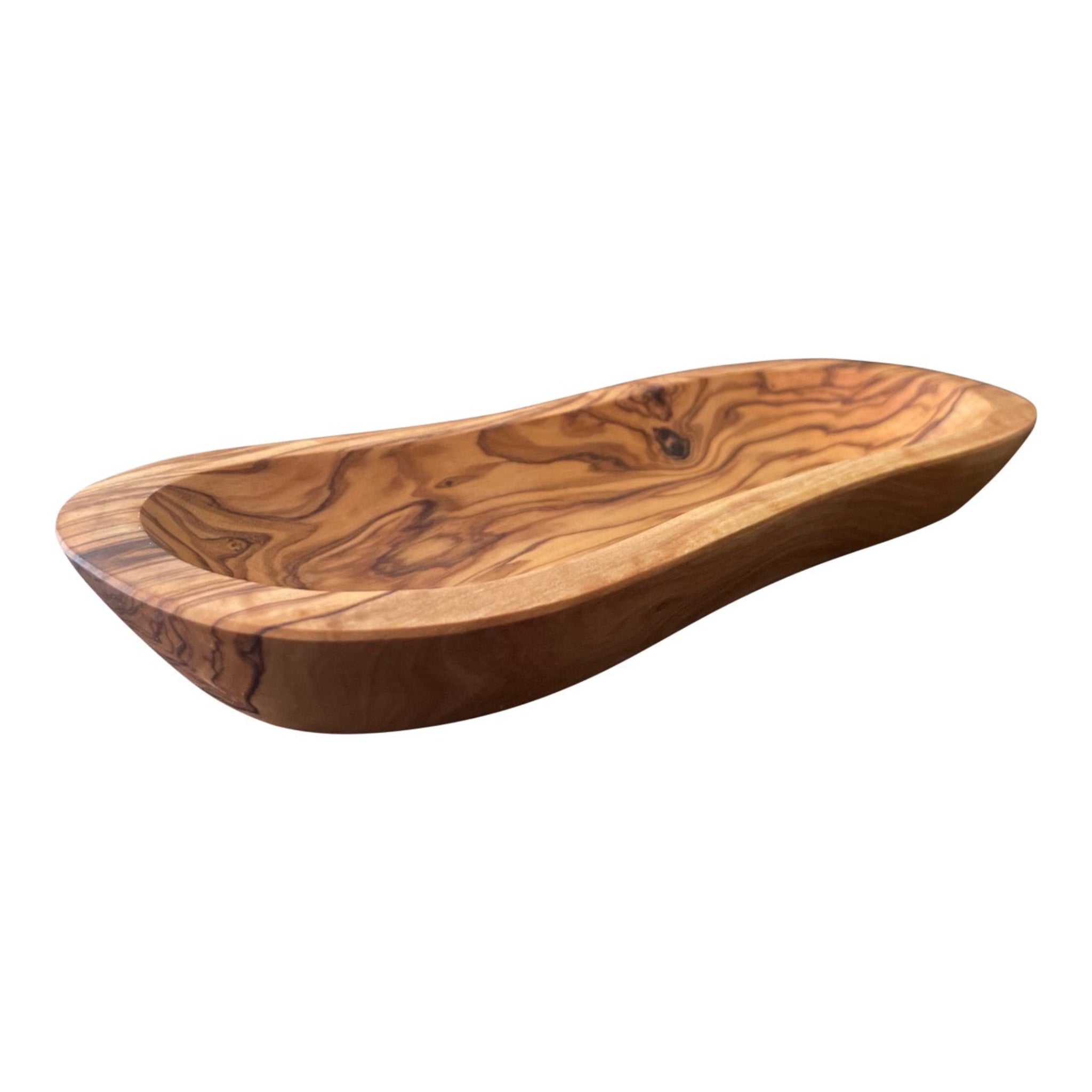 Olive wood multi-purpose bowl seen from above, showing its wavy carved shape