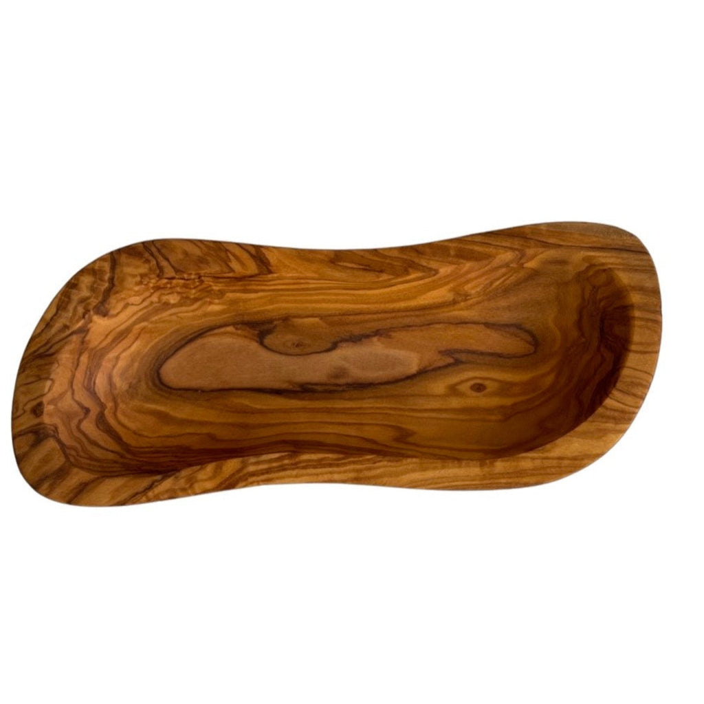 Olive wood multi-purpose bowl at an angle, showing the depth and grain