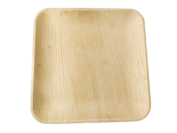 Square palm leaf plate photographed against a black background