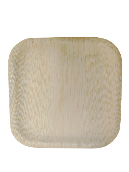 Square palm leaf plate photographed against a black background