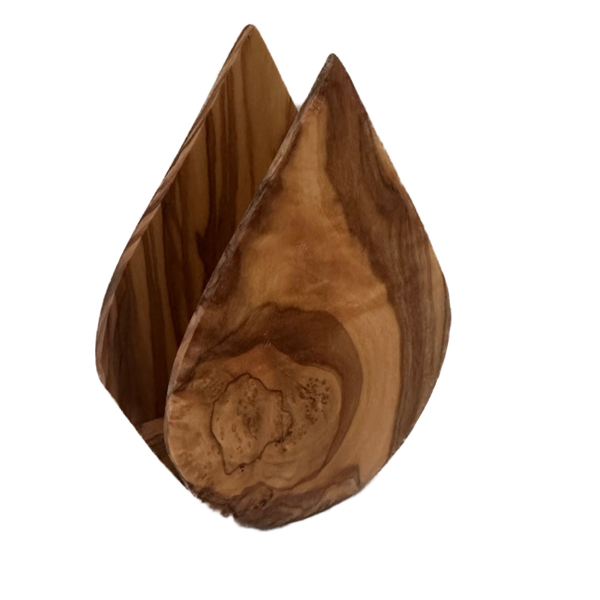 Olive wood napkin holder at a three-quarter angle, showing its two curved halves