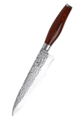 Damascus chef knife with hammered blade and Pakkawood handle on a black background