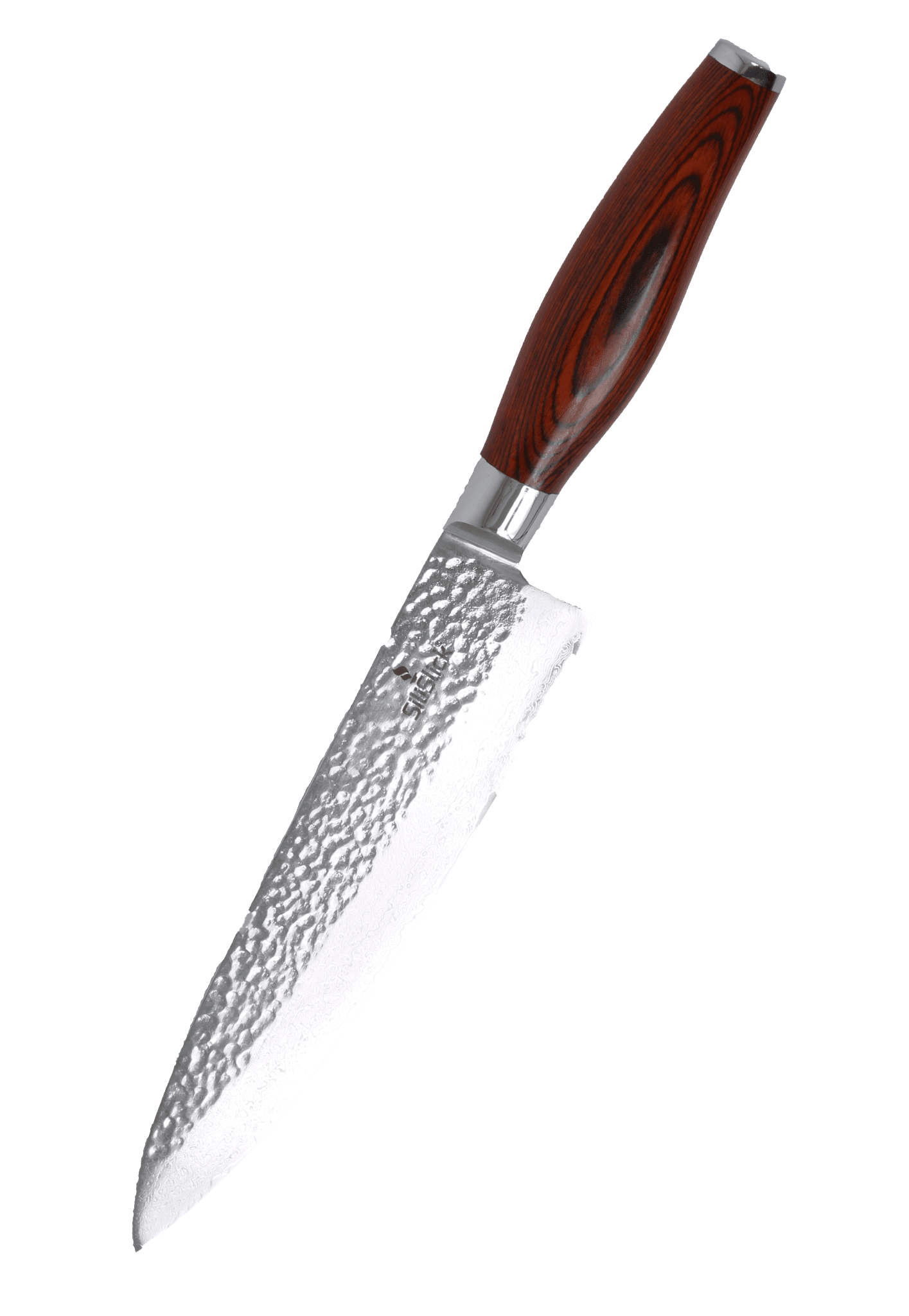 Damascus chef knife with hammered blade and Pakkawood handle on a black background