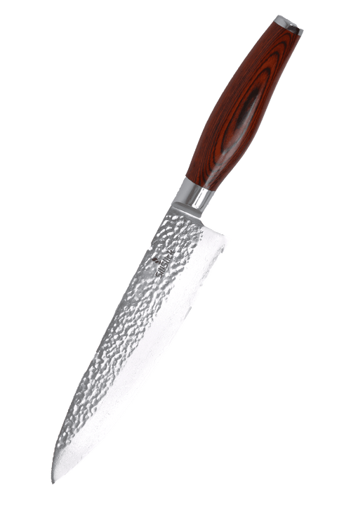 Damascus chef knife with hammered blade and Pakkawood handle on a black background