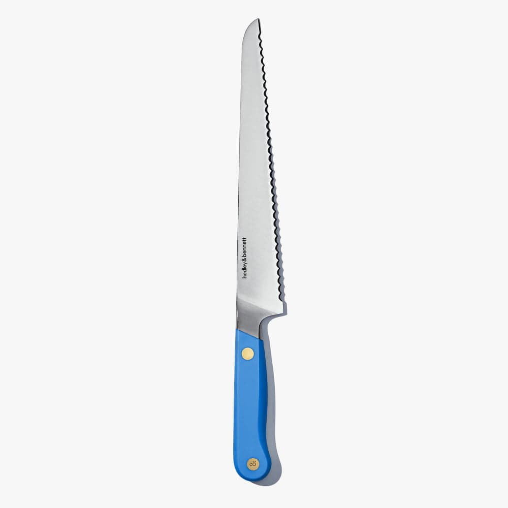 Bread knife with a blue handle, standing upright