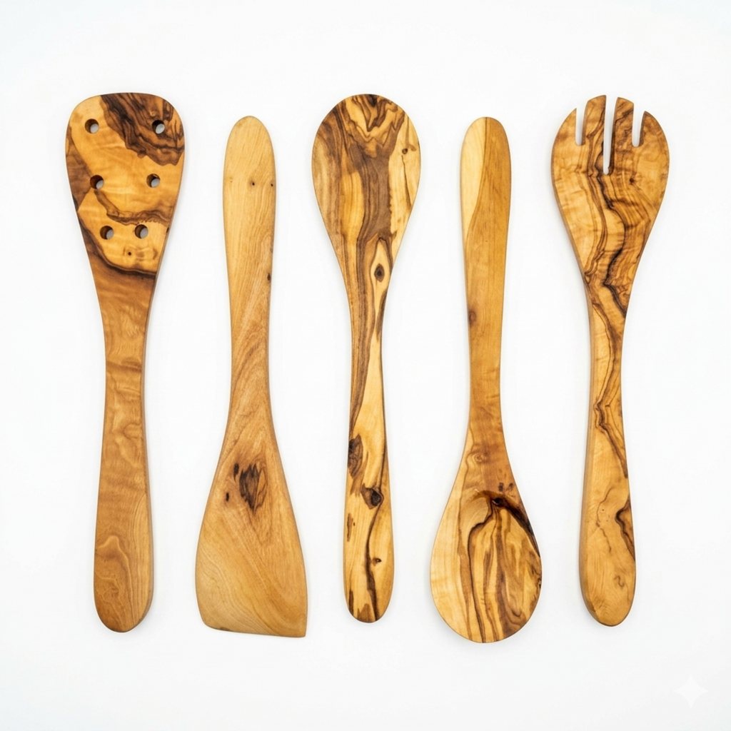 Five olive wood kitchen utensils laid out in a row: sauce spoon, spoon, spork, cooking spoon, and spatula