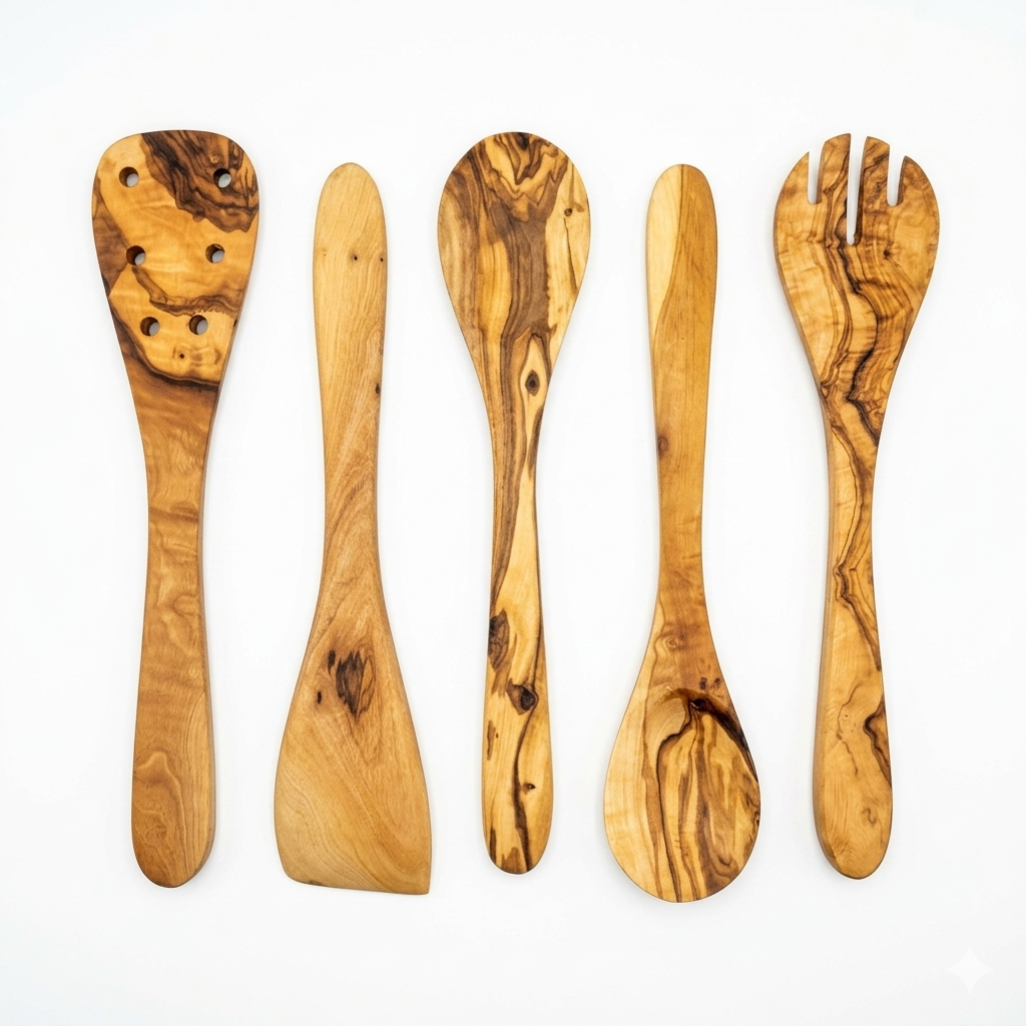 Five olive wood kitchen utensils laid out in a row: sauce spoon, spoon, spork, cooking spoon, and spatula