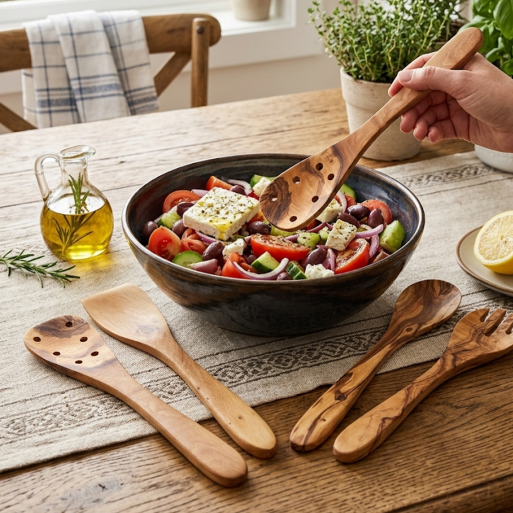 Hand serving a Greek salad with an olive wood spoon, the rest of the set on the table