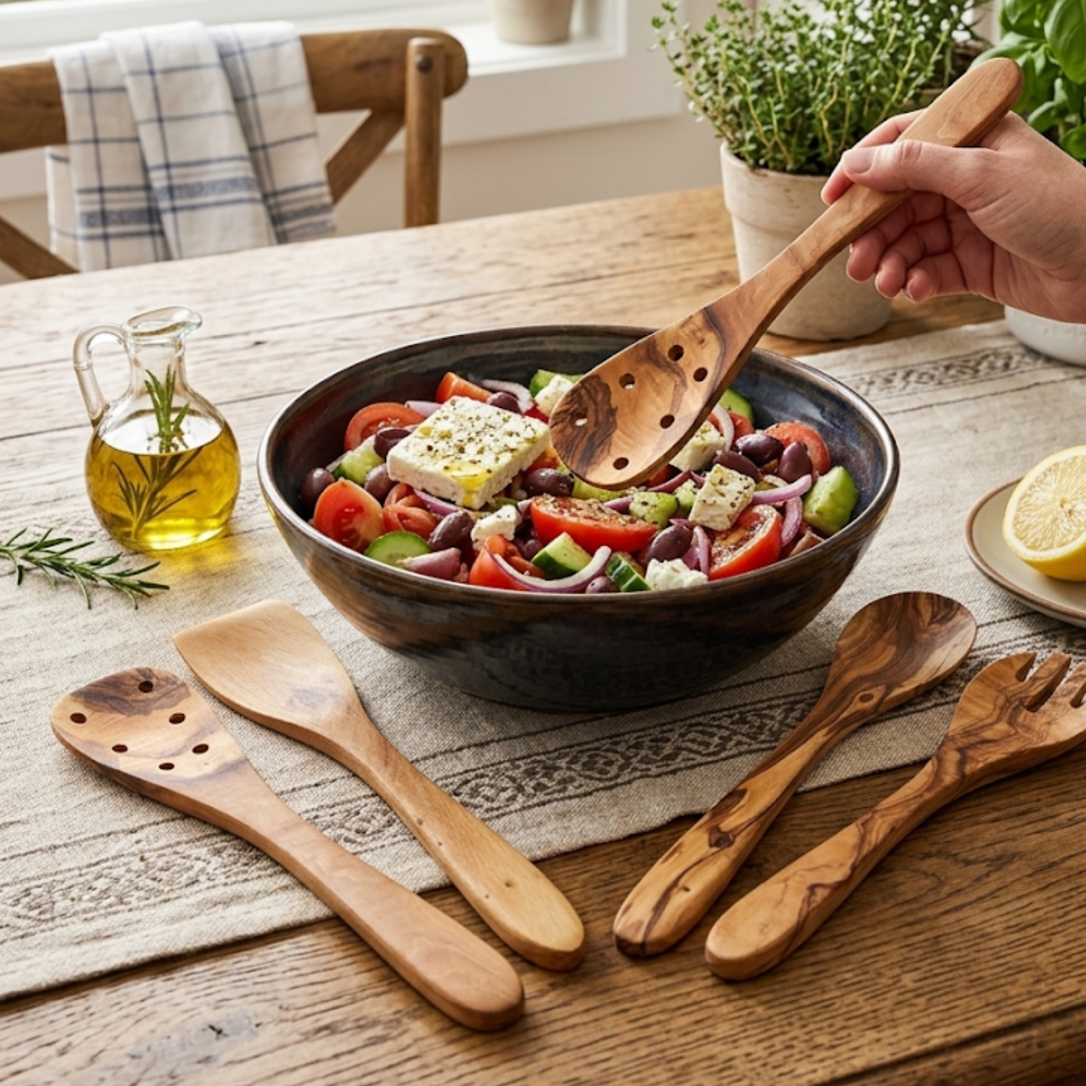 Hand serving a Greek salad with an olive wood spoon, the rest of the set on the table