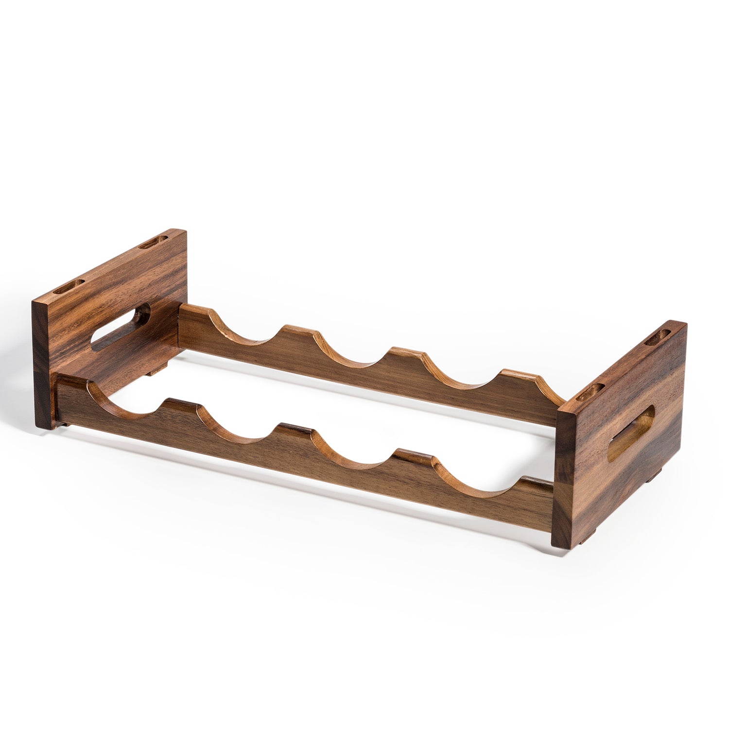 Acacia wine rack holding four bottles, shown at an angle