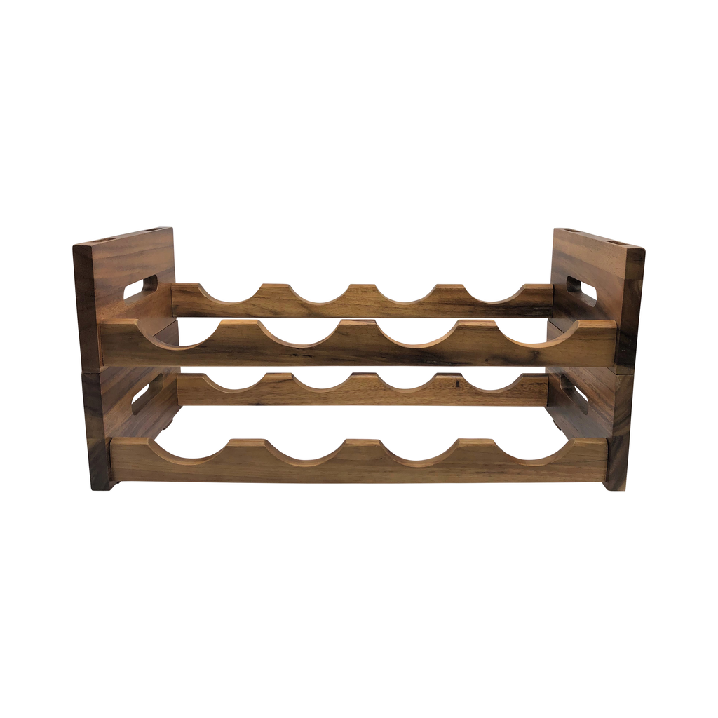 Two acacia wine racks stacked to double the bottle capacity