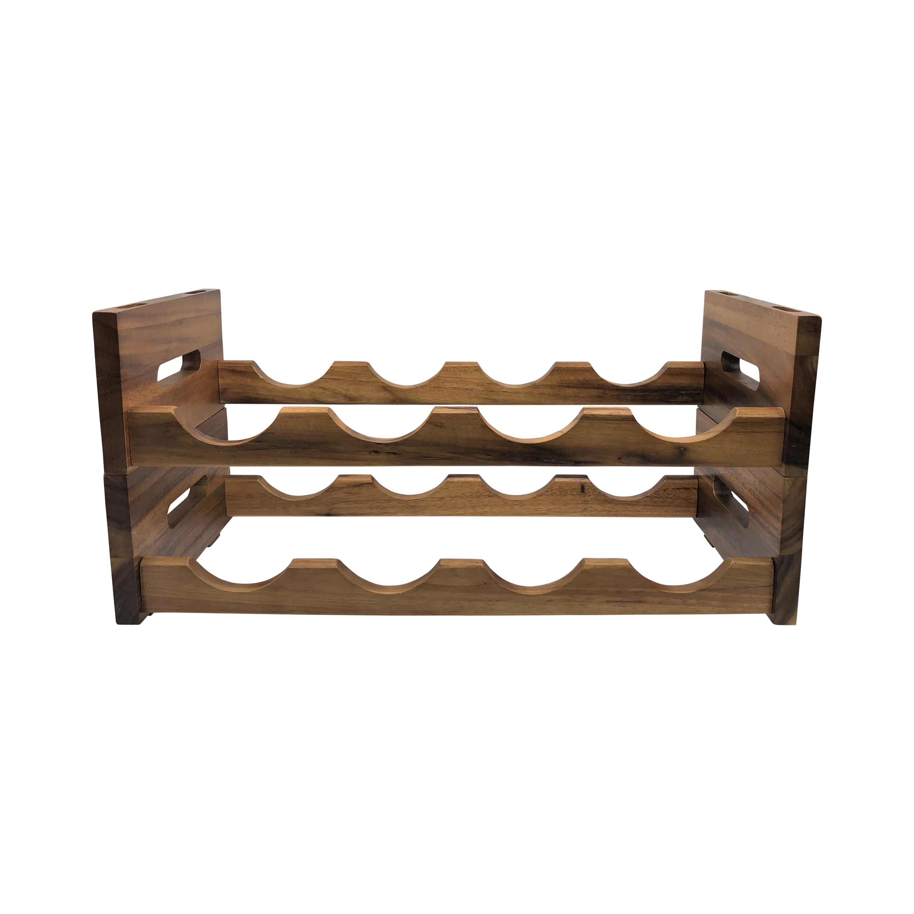 Two acacia wine racks stacked to double the bottle capacity
