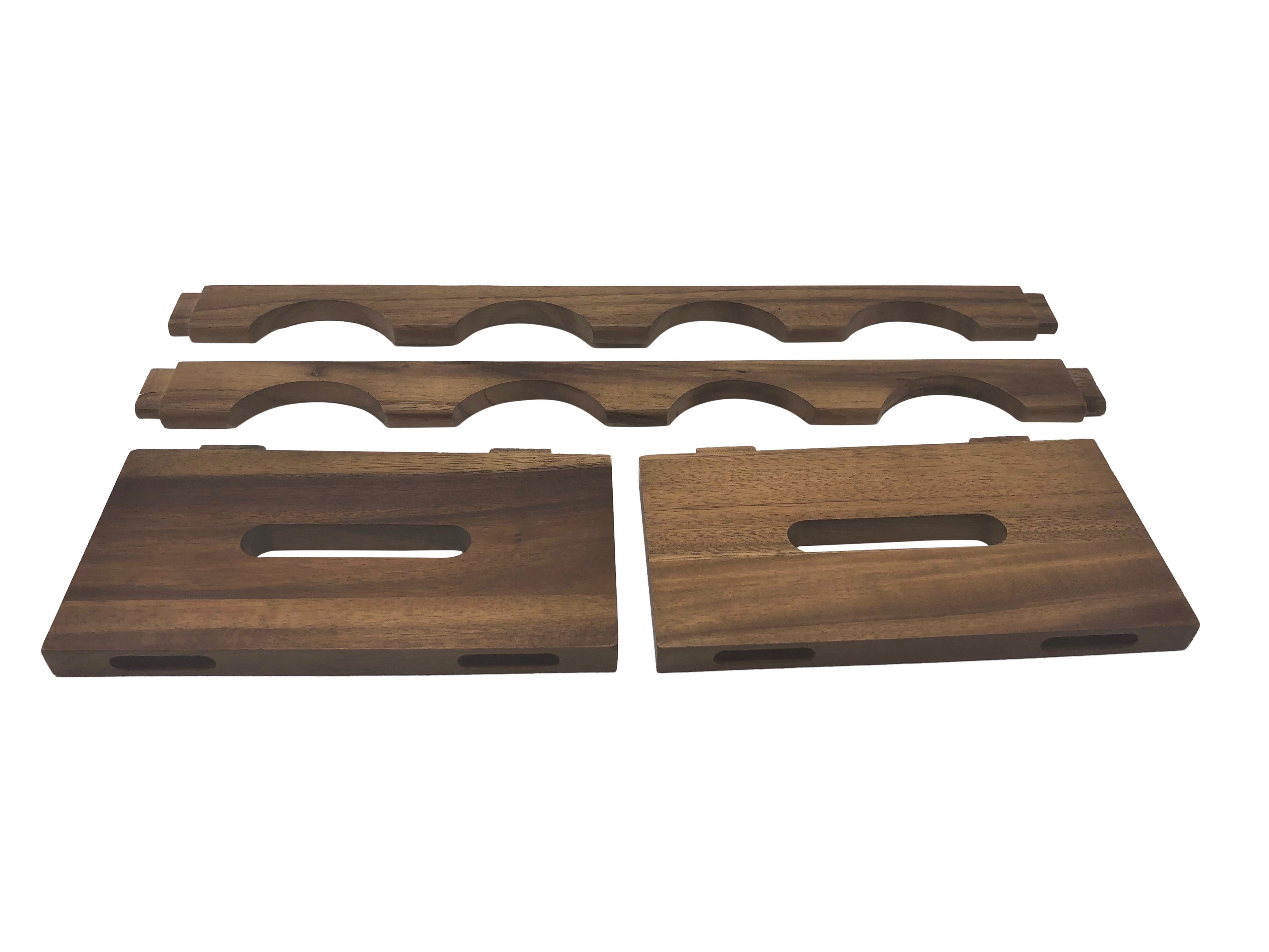 The wine rack's flat-packed parts laid out before assembly