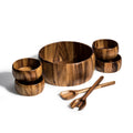 Seven-piece acacia salad set on white: large bowl, four individual bowls, and two servers
