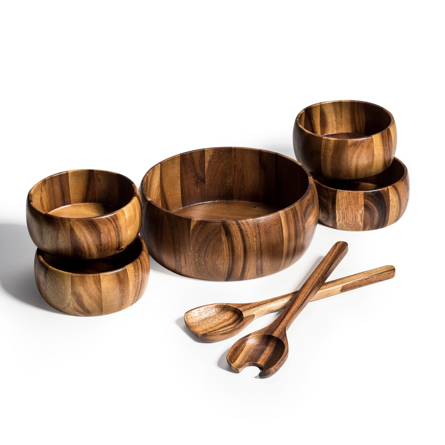 Seven-piece acacia salad set: large bowl, four individual bowls, and two servers
