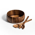 Large acacia salad bowl with two matching wooden servers on white