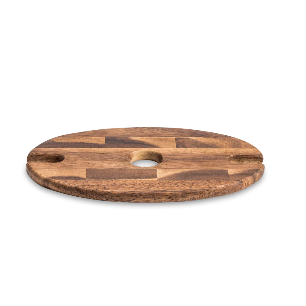 End-grain acacia wine glass holder resting on a bottle neck with two glasses