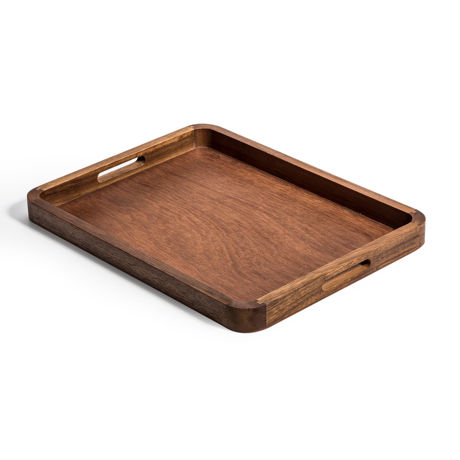 Rectangular acacia serving tray with cut-out handles, shown at an angle