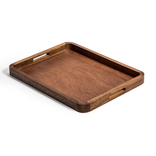 Rectangular acacia serving tray with cut-out handles, shown at an angle