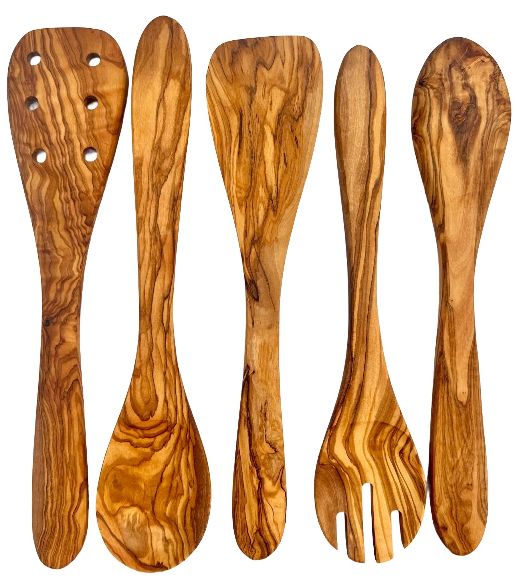 Five olive wood kitchen utensils standing upright in a row
